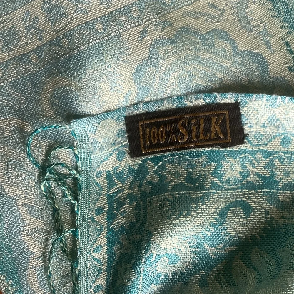 Silk Aqua Blue Paisley Summer Wrap with Fringe